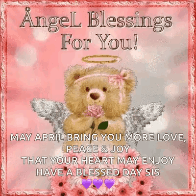 A Teddy Bear Dressed As An Angel Is Holding A Rose And Flowers . GIF