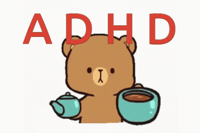 A Teddy Bear Drinking From A Cup With The Word Adhd Written On It GIF