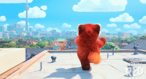 A Teddy Bear From The Movie Turning Red Is Walking On The Roof Of A Building GIF