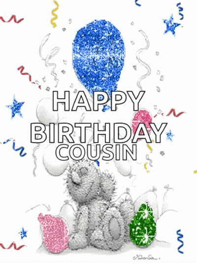 A Teddy Bear Holding A Blue Balloon With The Words Happy Birthday Cousin GIF