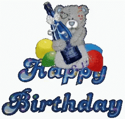 A Teddy Bear Holding A Bottle And Balloons With The Words Happy Birthday Written Below It GIF
