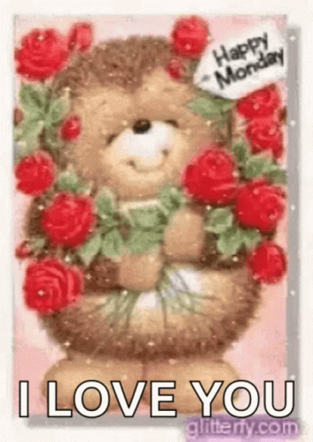 A Teddy Bear Holding A Bouquet Of Red Roses On A Happy Monday Card . GIF