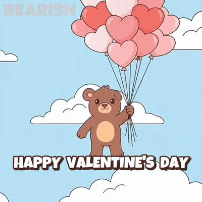 A Teddy Bear Holding A Bunch Of Heart Shaped Balloons With The Words Happy Valentine 'S Day Below GIF