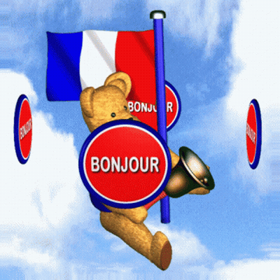 A Teddy Bear Holding A Flag And A Sign That Says " Bonjour " GIF