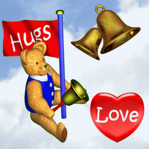 A Teddy Bear Holding A Flag That Says " Hugs " GIF