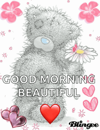 A Teddy Bear Holding A Flower With The Words " Good Morning Beautiful " Below It GIF
