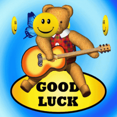A Teddy Bear Holding A Guitar And A Smiley Face With The Words " Good Luck " Below It GIF