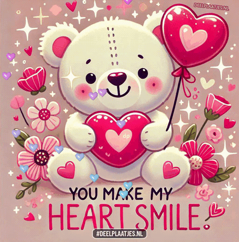 A Teddy Bear Holding A Heart And A Heart Shaped Balloon With The Words You Make My Heart Smile GIF