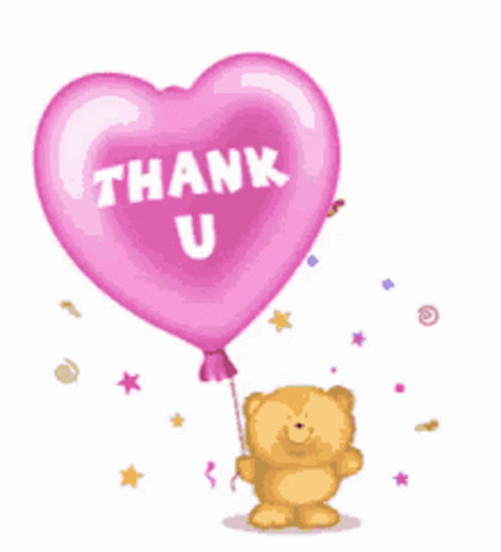 A Teddy Bear Holding A Heart Shaped Balloon That Says Thank U GIF