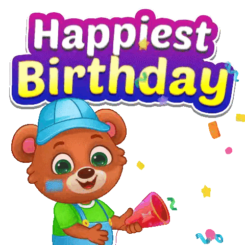 A Teddy Bear Holding A Megaphone In Front Of The Words Happiest Birthday Sticker