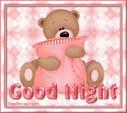 A Teddy Bear Holding A Pink Pillow With The Words Good Night GIF
