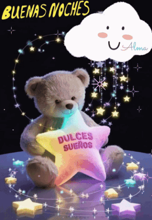 A Teddy Bear Holding A Star That Says " Dulces Sueros " GIF