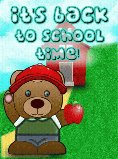 A Teddy Bear Holding An Apple With The Words It 'S Back To School Time On The Bottom GIF