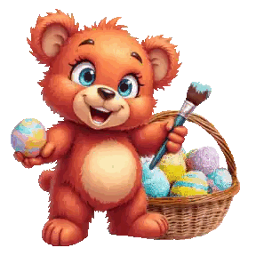 A Teddy Bear Holding An Easter Egg And A Brush Next To A Basket Of Easter Eggs Sticker