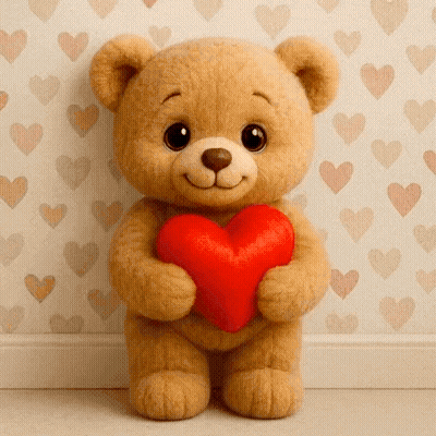 A Teddy Bear Holds A Red Heart In Front Of A Wall With Hearts On It GIF