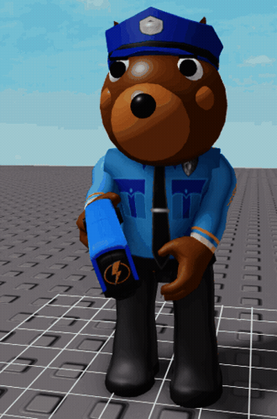 A Teddy Bear In A Police Uniform Holds A Blue Lightning Bolt GIF