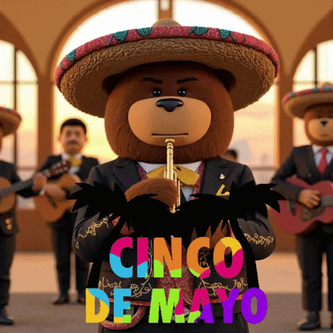 A Teddy Bear In A Sombrero Playing A Trumpet With The Words Cinco De Mayo Above Him GIF