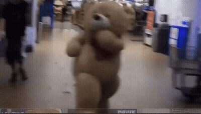 A Teddy Bear In A Store With A Sign That Says Adiue On It GIF