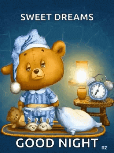 A Teddy Bear In Pajamas Is Sitting On A Tray With A Pillow And An Alarm Clock And The Words Sweet Dreams Good Night GIF