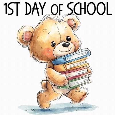 a teddy bear is carrying a stack of books with the words 1st day of school behind him