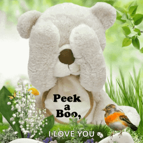 A Teddy Bear Is Covering Its Eyes With Its Paws And The Words Peek A Boo I Love You GIF