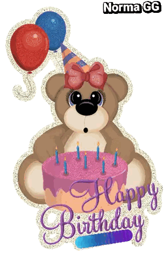 A Teddy Bear Is Holding A Birthday Cake With Candles And Balloons And Says Happy Birthday Sticker