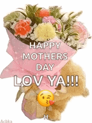A Teddy Bear Is Holding A Bouquet Of Flowers And Kissing A Smiley Face . GIF