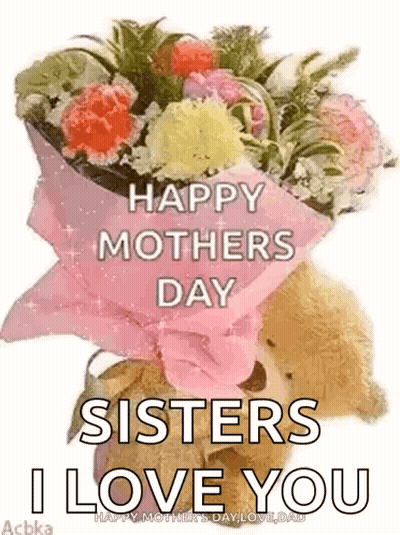A Teddy Bear Is Holding A Bouquet Of Flowers On Mother 'S Day . GIF