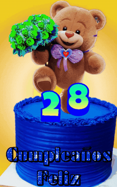 A Teddy Bear Is Holding A Bouquet Of Flowers On Top Of A Birthday Cake GIF