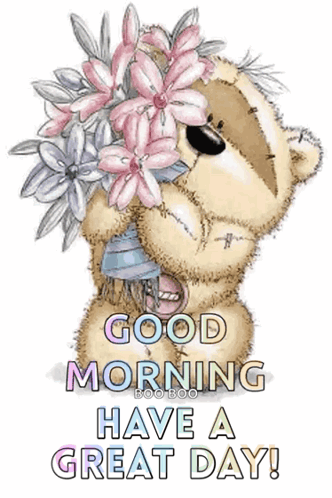 A Teddy Bear Is Holding A Bouquet Of Pink And White Flowers . GIF