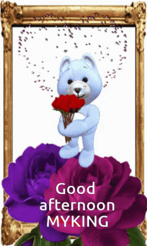 A Teddy Bear Is Holding A Bouquet Of Purple Roses And Says Good Afternoon Myking GIF
