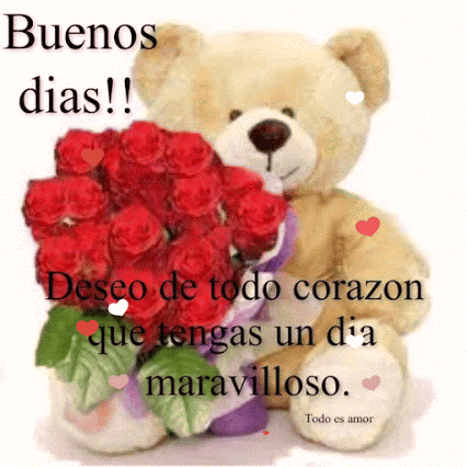 A Teddy Bear Is Holding A Bouquet Of Red Roses With A Message In Spanish . GIF