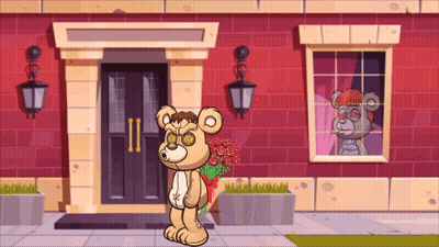 A Teddy Bear Is Holding A Bouquet Of Roses In Front Of A Building GIF