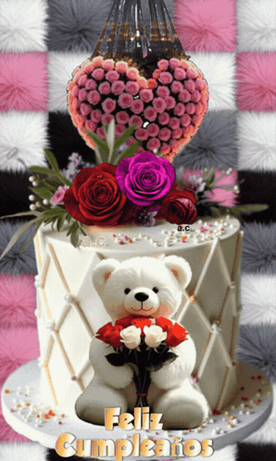 A Teddy Bear Is Holding A Bouquet Of Roses In Front Of A Cake That Says " Feliz Cumpleanos " GIF