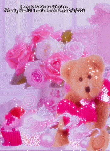 A Teddy Bear Is Holding A Candy Cane In Front Of A Bouquet Of Pink Roses And Cupcakes GIF