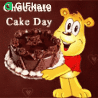 A Teddy Bear Is Holding A Chocolate Cake In His Hands . GIF