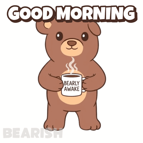 A Teddy Bear Is Holding A Cup Of Coffee That Says " Bearly Awake " GIF