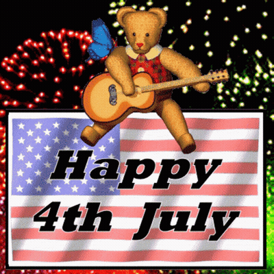 A Teddy Bear Is Holding A Guitar In Front Of A Sign That Says " Happy 4Th July " GIF