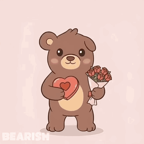 A Teddy Bear Is Holding A Heart And Roses In Its Paws GIF