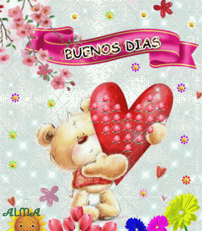 A Teddy Bear Is Holding A Heart With The Words Buenos Dias Written On It GIF