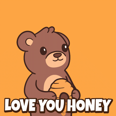 A Teddy Bear Is Holding A Honeycomb And A Bee Is Flying Overhead With The Words Love You Honey Written Below Him GIF