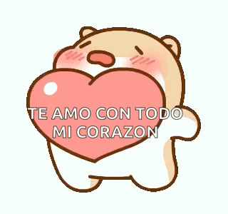 A Teddy Bear Is Holding A Large Heart In His Mouth . GIF