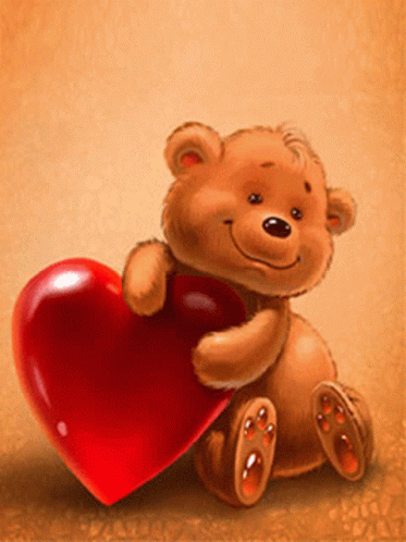 A Teddy Bear Is Holding A Large Red Heart In Its Paws GIF