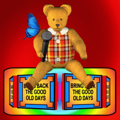 A Teddy Bear Is Holding A Microphone While Sitting On A Sign That Says Bring The Good Old Days GIF