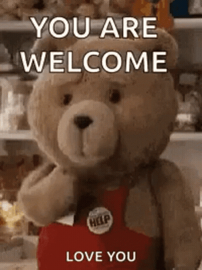 A Teddy Bear Is Holding A Red Heart And Saying `` You Are Welcome '' . GIF