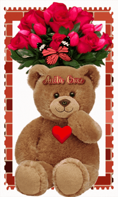 A Teddy Bear Is Holding A Red Heart In Front Of A Bouquet Of Pink Roses With Anita Cruz Written On It GIF
