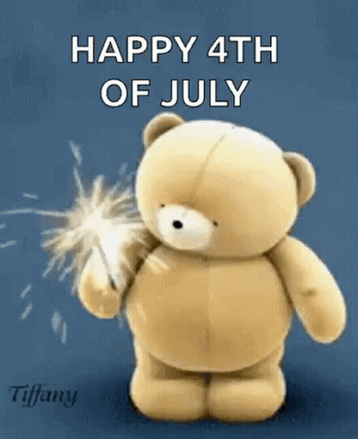 A Teddy Bear Is Holding A Sparkler With The Words Happy 4Th Of July Written Above It GIF