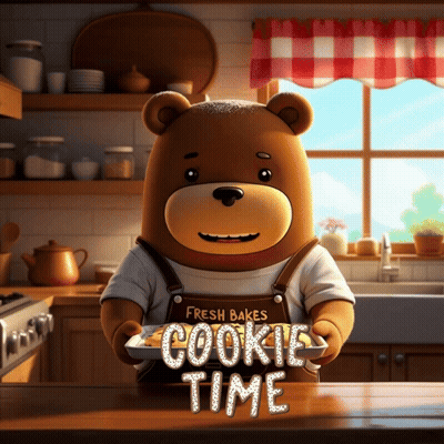 A Teddy Bear Is Holding A Tray Of Cookies With The Words Cookie Time Written On It GIF