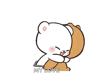 a teddy bear is kissing another teddy bear on the cheek .