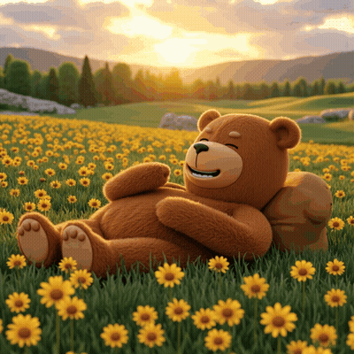 A Teddy Bear Is Laying Down In A Field Of Yellow Flowers GIF